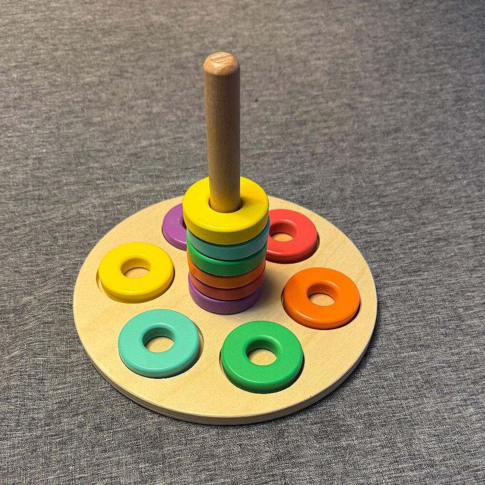LOVEVERY Rainbow wooden ring stacker toy. Age level: 13 mo +